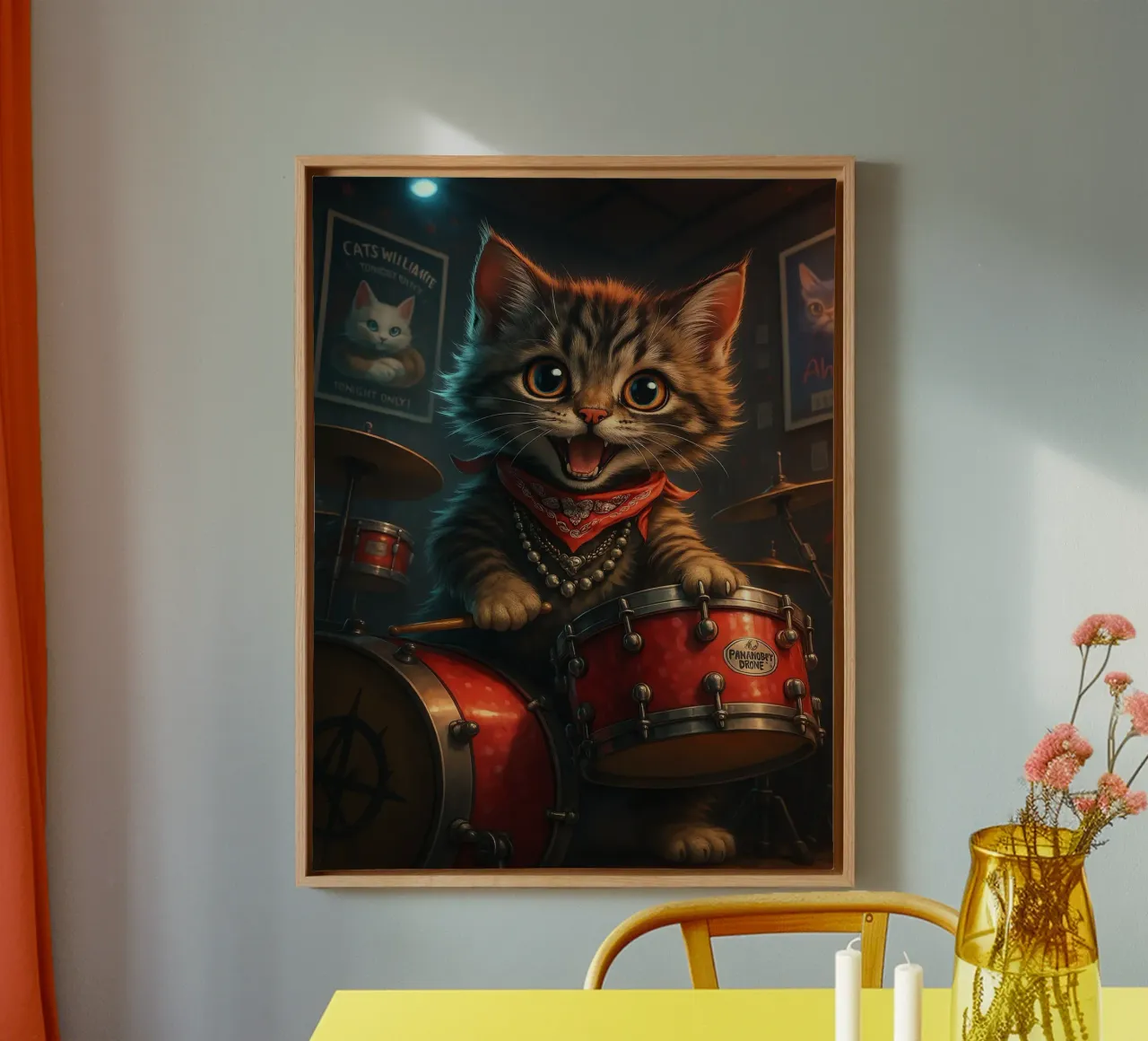 Punk Kitten Drummer Rocks Red Drum Kit canvas with Floater frame by flufftee
