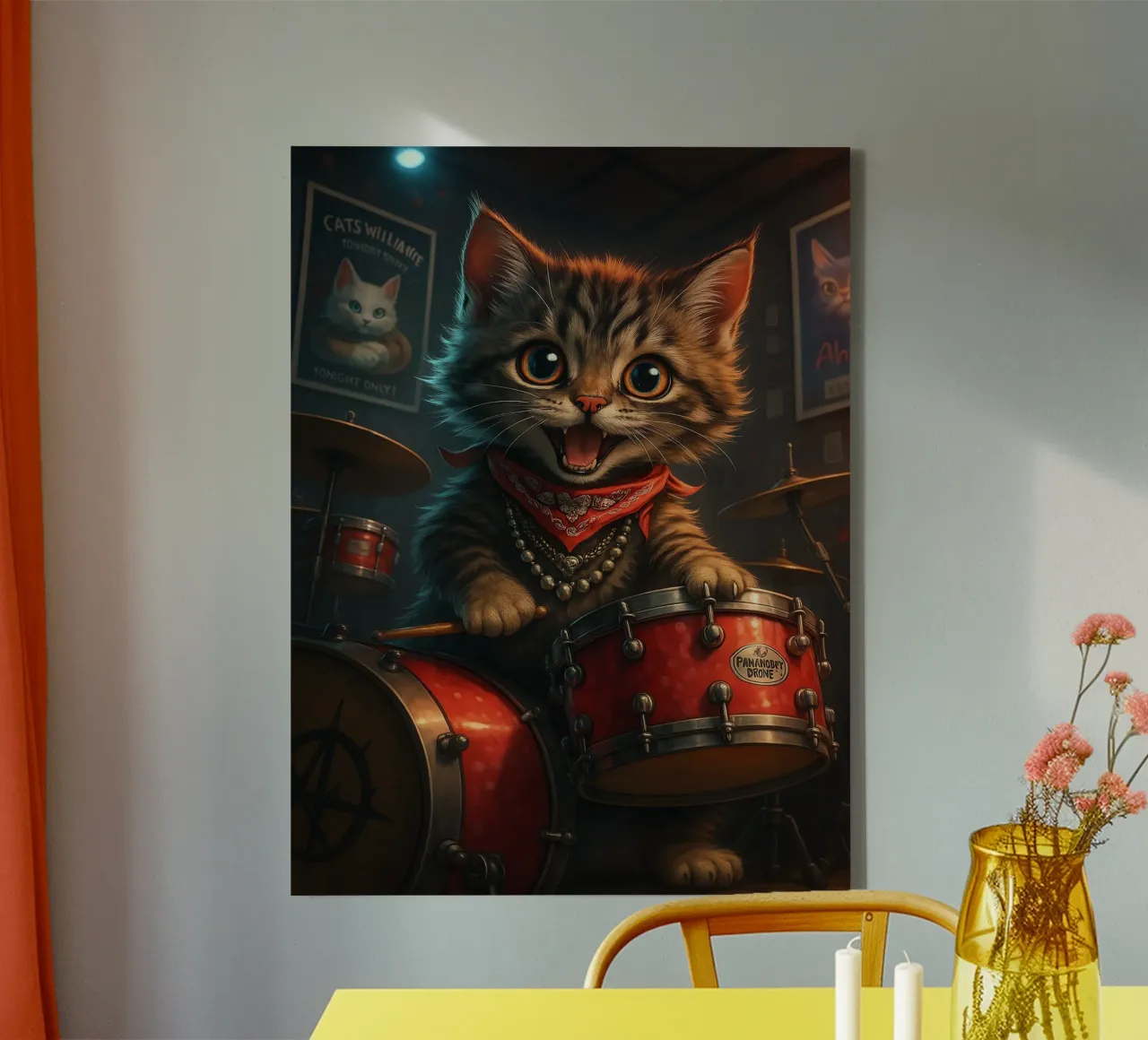 Punk Kitten Drummer Rocks Red Drum Kit canvas with Floater frame by flufftee