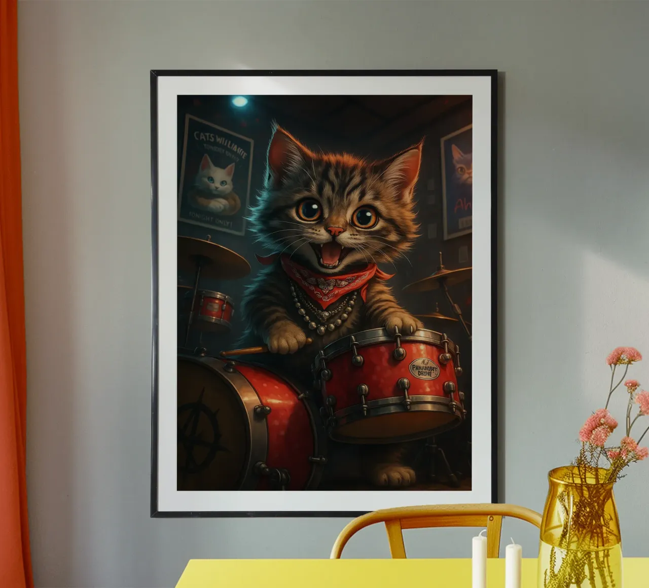 Punk Kitten Drummer Rocks Red Drum Kit hahnemühle by flufftee