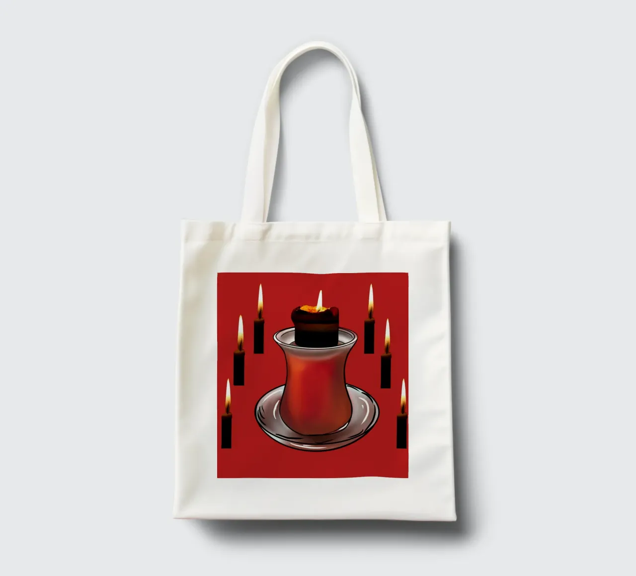Murale rosso con bicchiere da tè e candele accese - suggestivo borsa in juta da StrindesignStudio