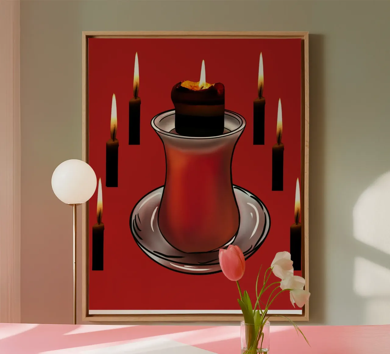 Mural rojo con vaso de té y velas encendidas - atmosférico lienzo con Marco flotante de StrindesignStudio