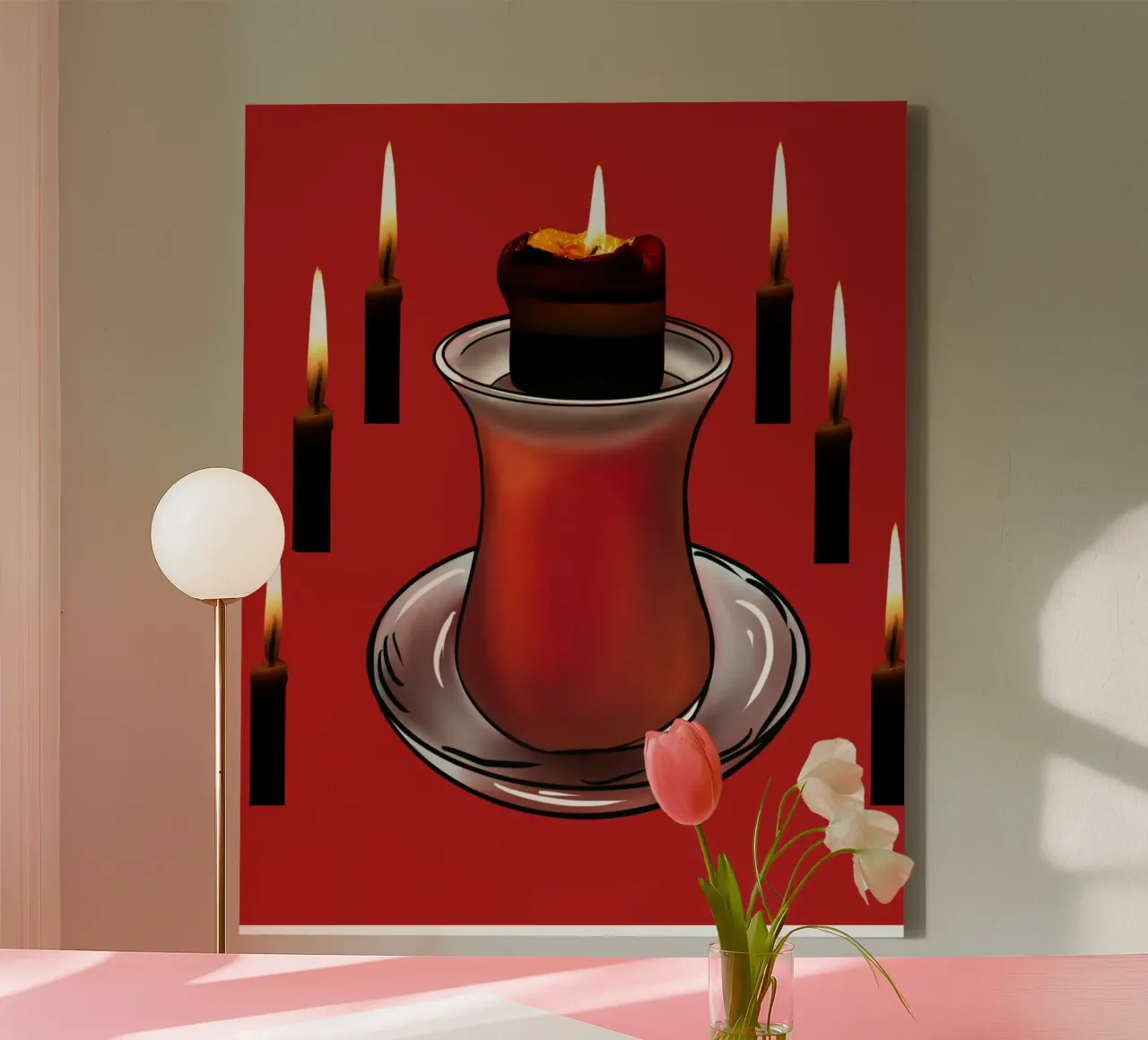 Mural rojo con vaso de té y velas encendidas - atmosférico lienzo con Marco flotante de StrindesignStudio