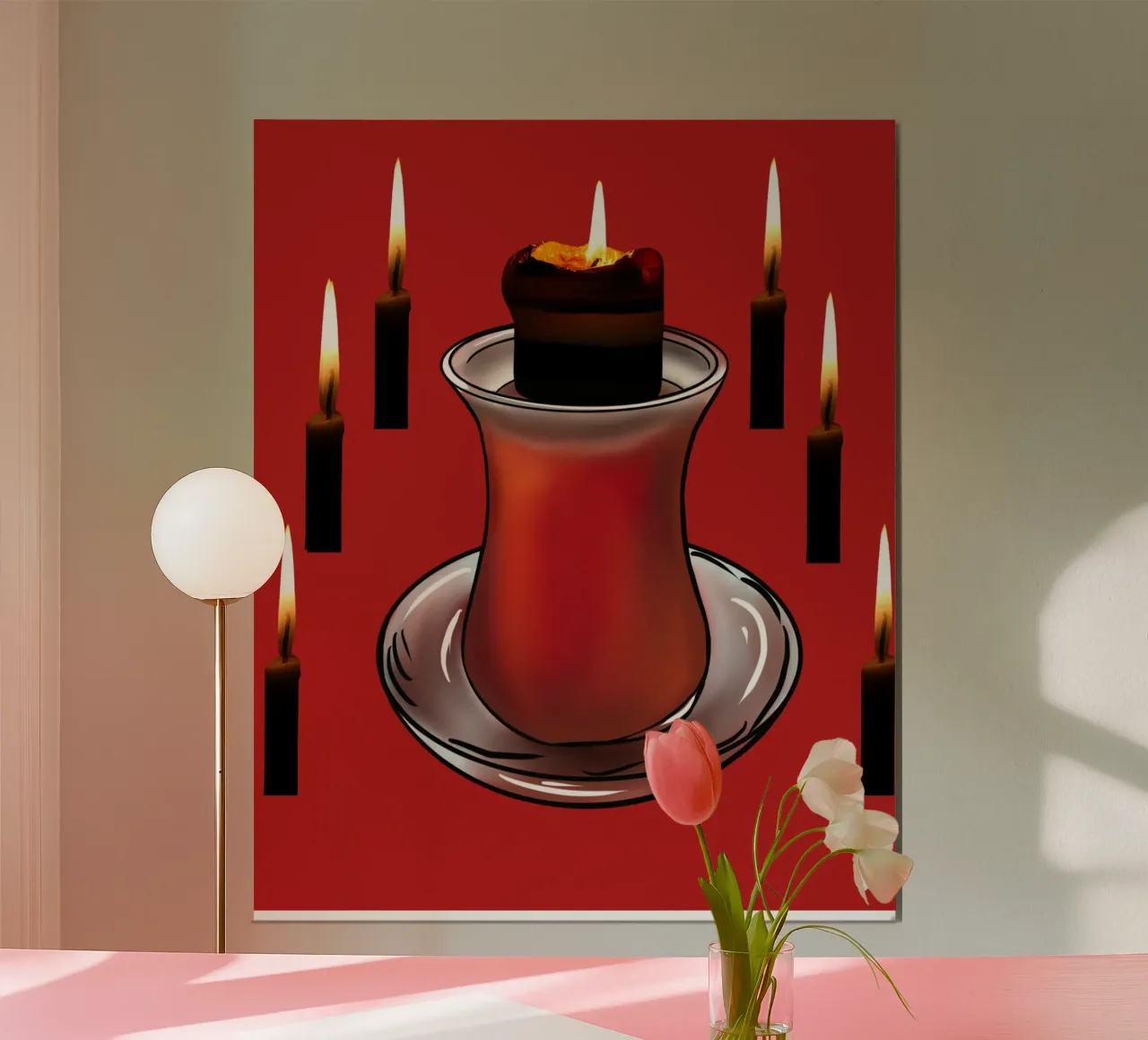 Murale rosso con bicchiere da tè e candele accese - suggestivo carta hahnemühle da StrindesignStudio