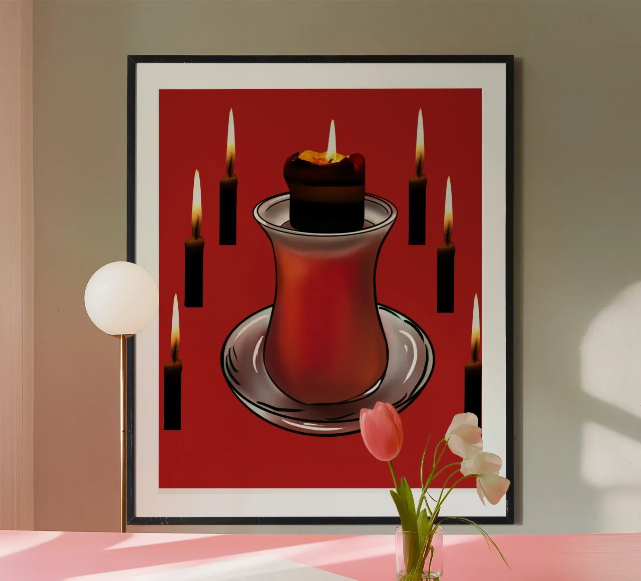 Murale rosso con bicchiere da tè e candele accese - suggestivo carta hahnemühle da StrindesignStudio