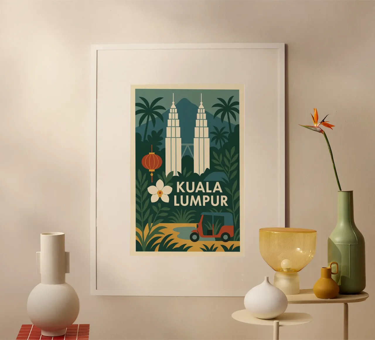 Grafica di Kuala Lumpur - La giungla urbana illustrata poster con telaio in legno da JETLAG | affiches voyage