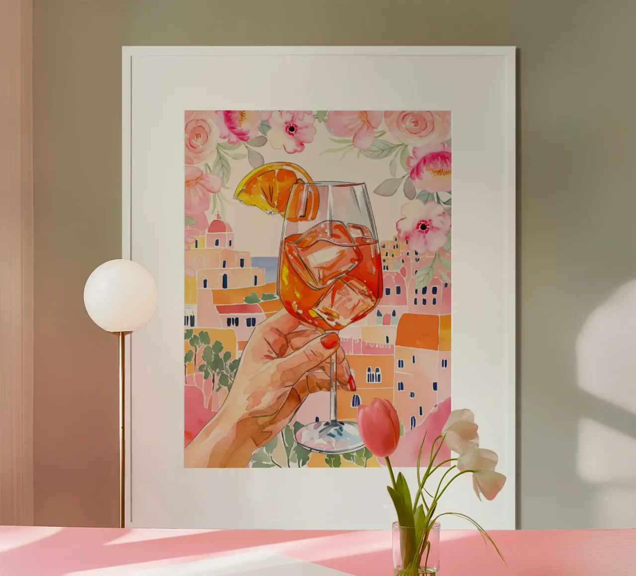 Amalfikust Italië Poster, Italiaanse Kunst, Cocktail Poster poster met houten frame van Bella Studio