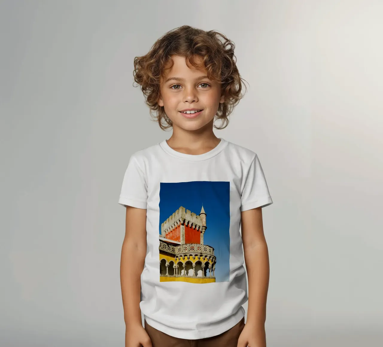 Retro Red and Yellow catsle kids t-shirt by KISSA STUDIO
