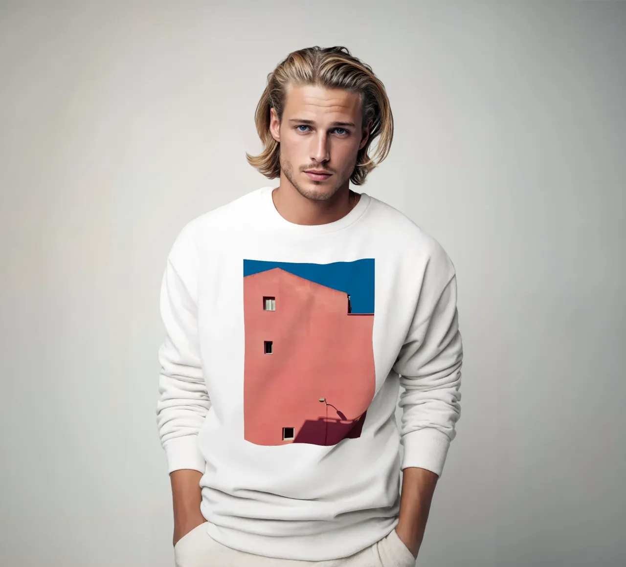 Pink Building - minimal architecture sweatshirt by KISSA STUDIO