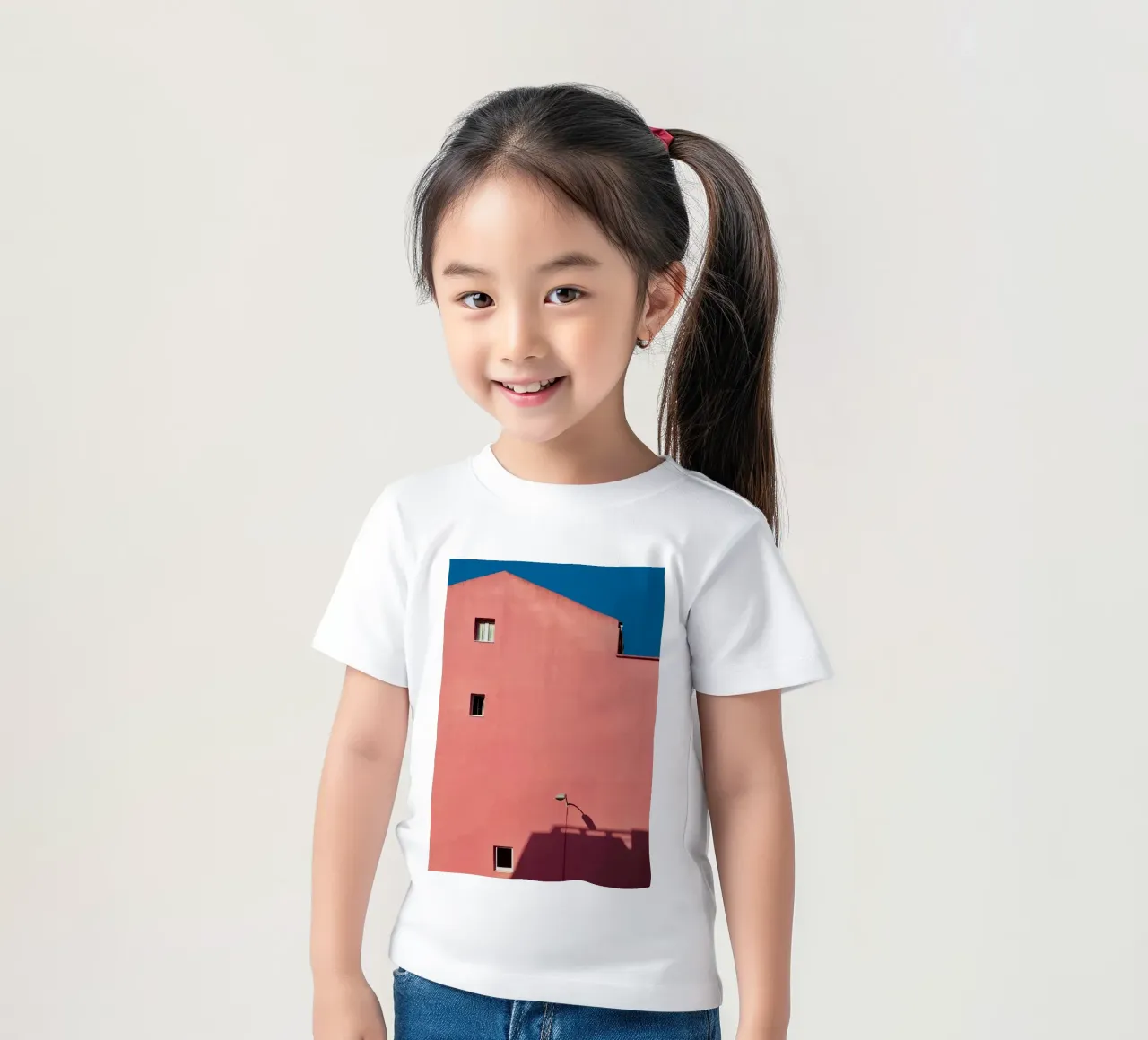 Roze gebouw - minimale architectuur kinder t-shirt van KISSA STUDIO