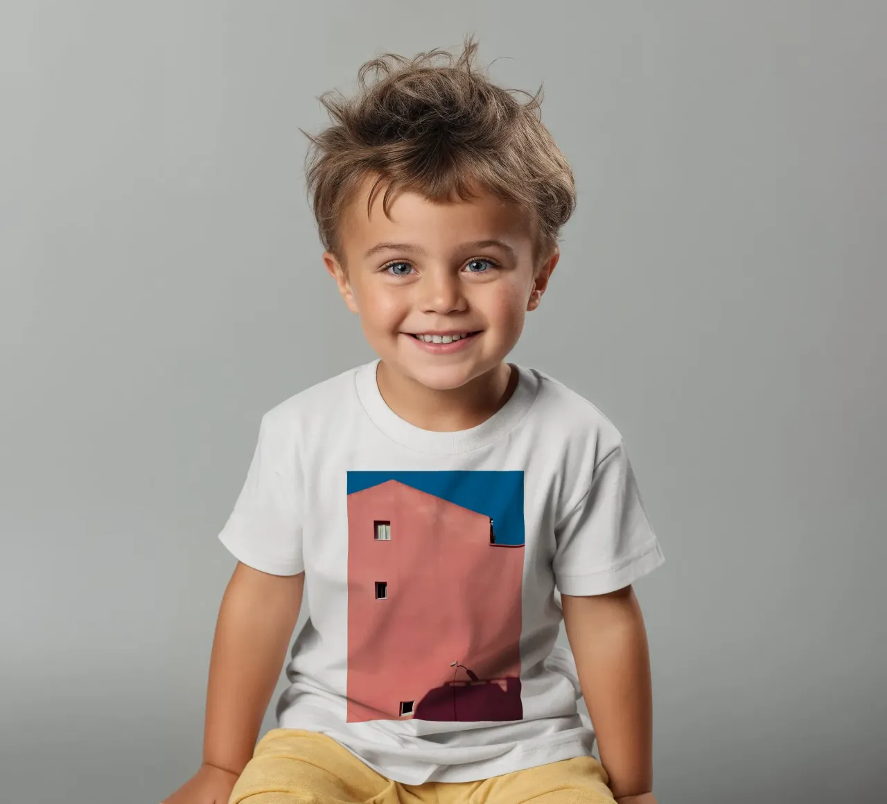 Roze gebouw - minimale architectuur kinder t-shirt van KISSA STUDIO