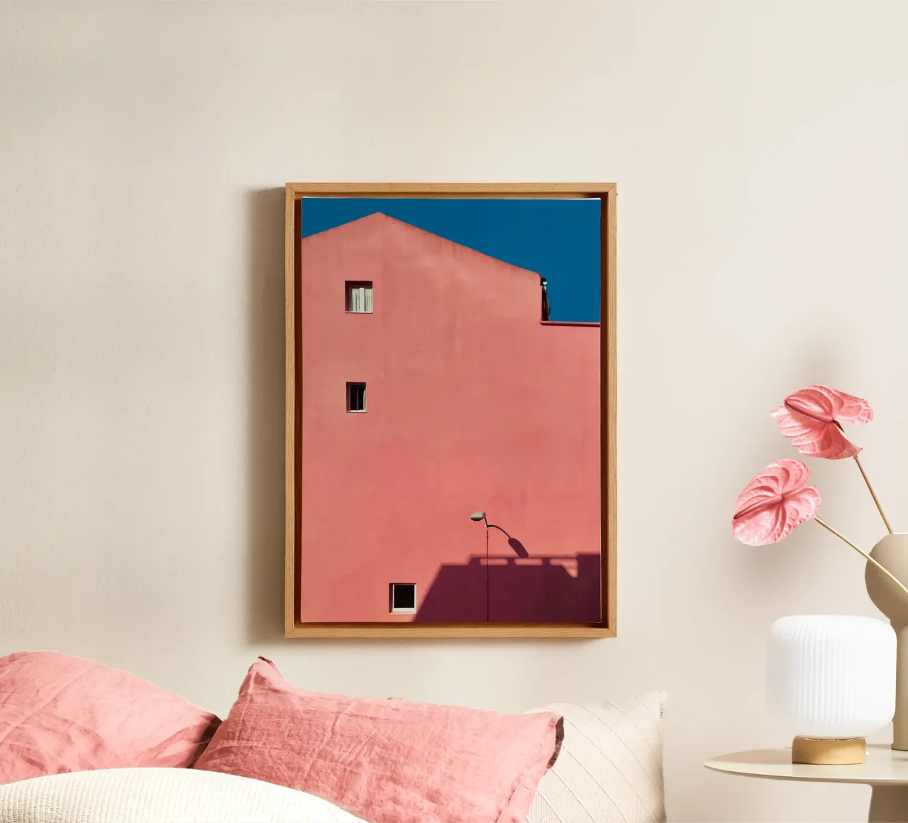 Pink Building - minimal architecture canvas by KISSA STUDIO