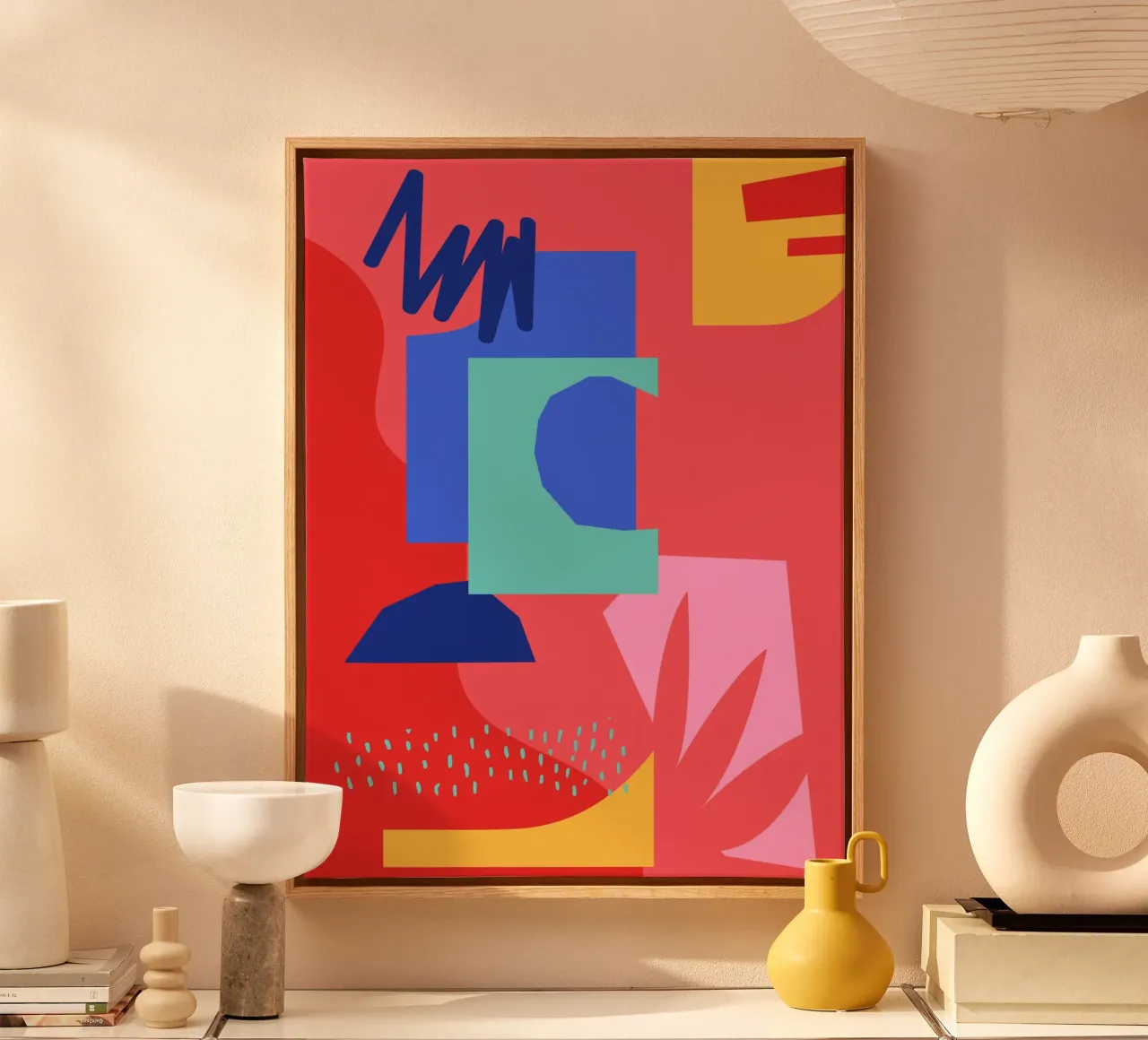 Rood en Blauw Abstracte Vormen canvas met Baklijst van Kim Hubball Studio