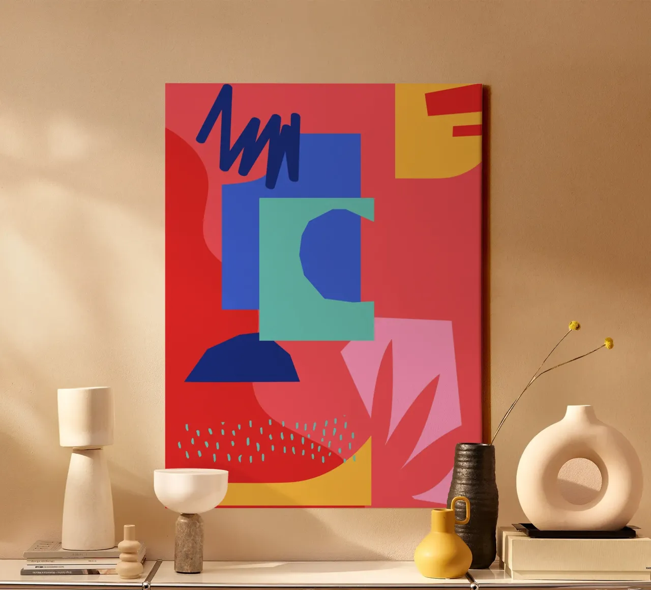 Rood en Blauw Abstracte Vormen canvas met Baklijst van Kim Hubball Studio