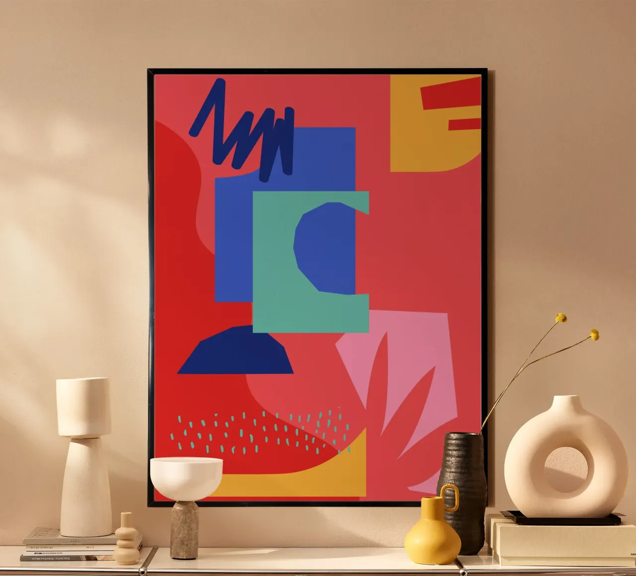 Rood en Blauw Abstracte Vormen poster van Kim Hubball Studio