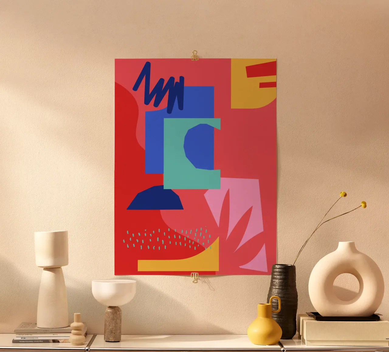 Rood en Blauw Abstracte Vormen poster van Kim Hubball Studio