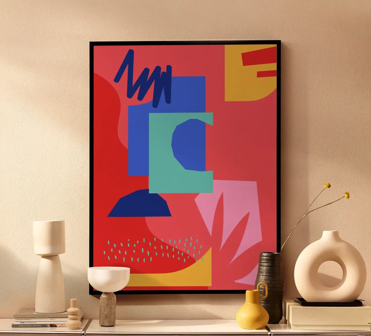 Rood en Blauw Abstracte Vormen poster van Kim Hubball Studio