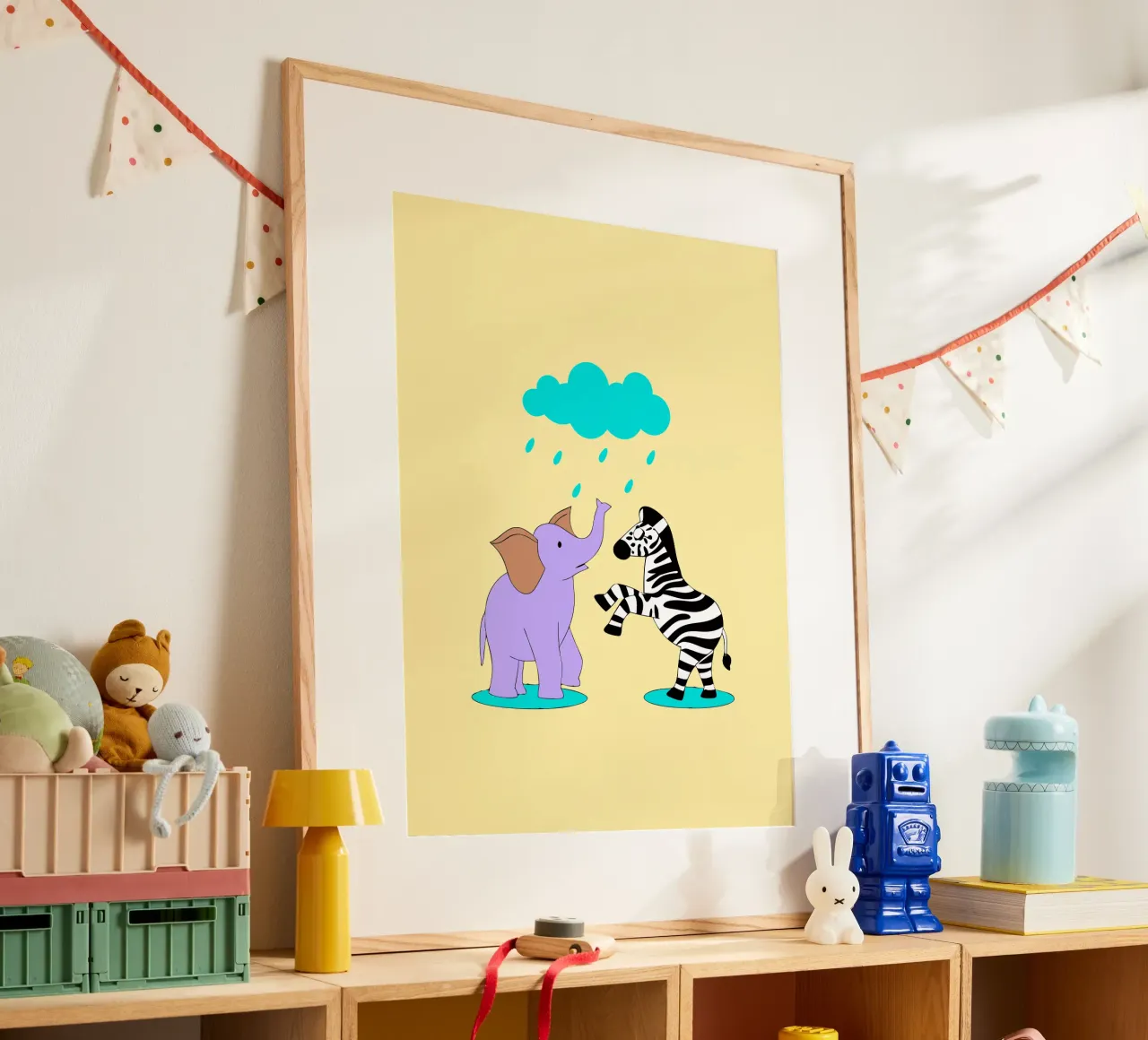 Elefanti e zebre poster con telaio in legno da OUR SHOP