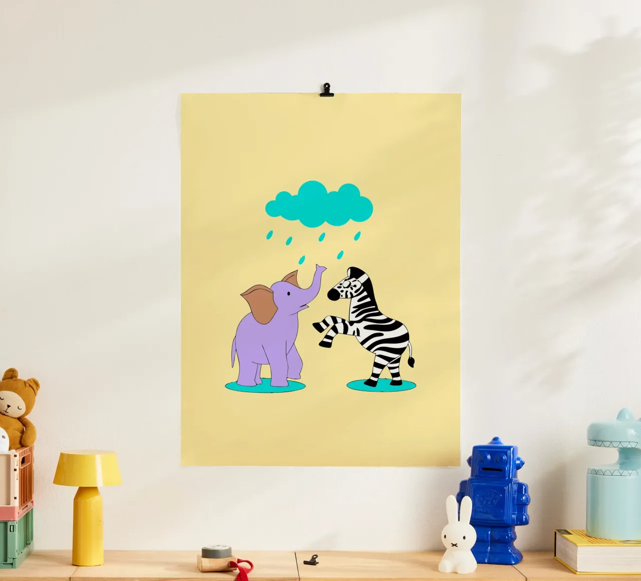 Elefanti e zebre poster con telaio in legno da OUR SHOP
