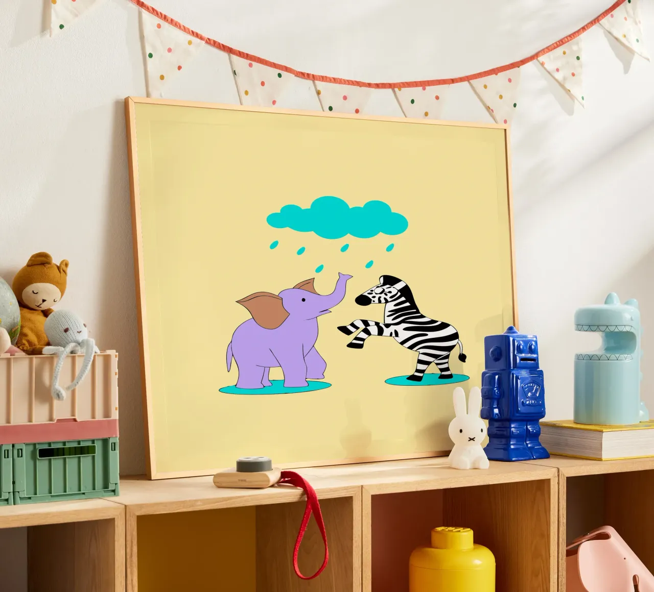 Elefanti e zebre poster con telaio in legno da OUR SHOP