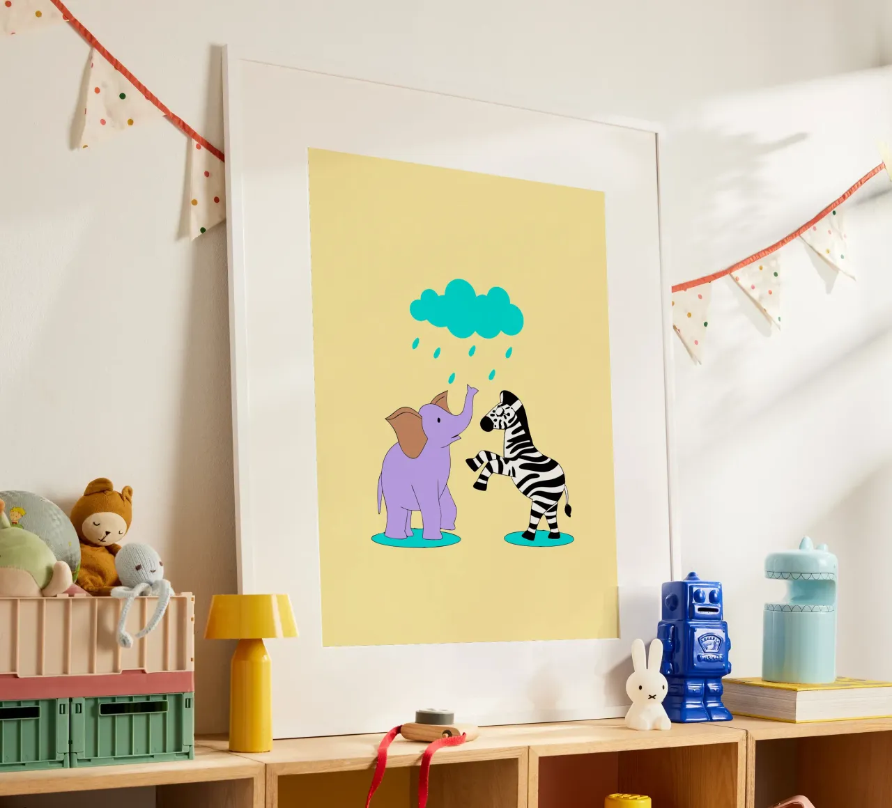 Elefanti e zebre poster con telaio in legno da OUR SHOP