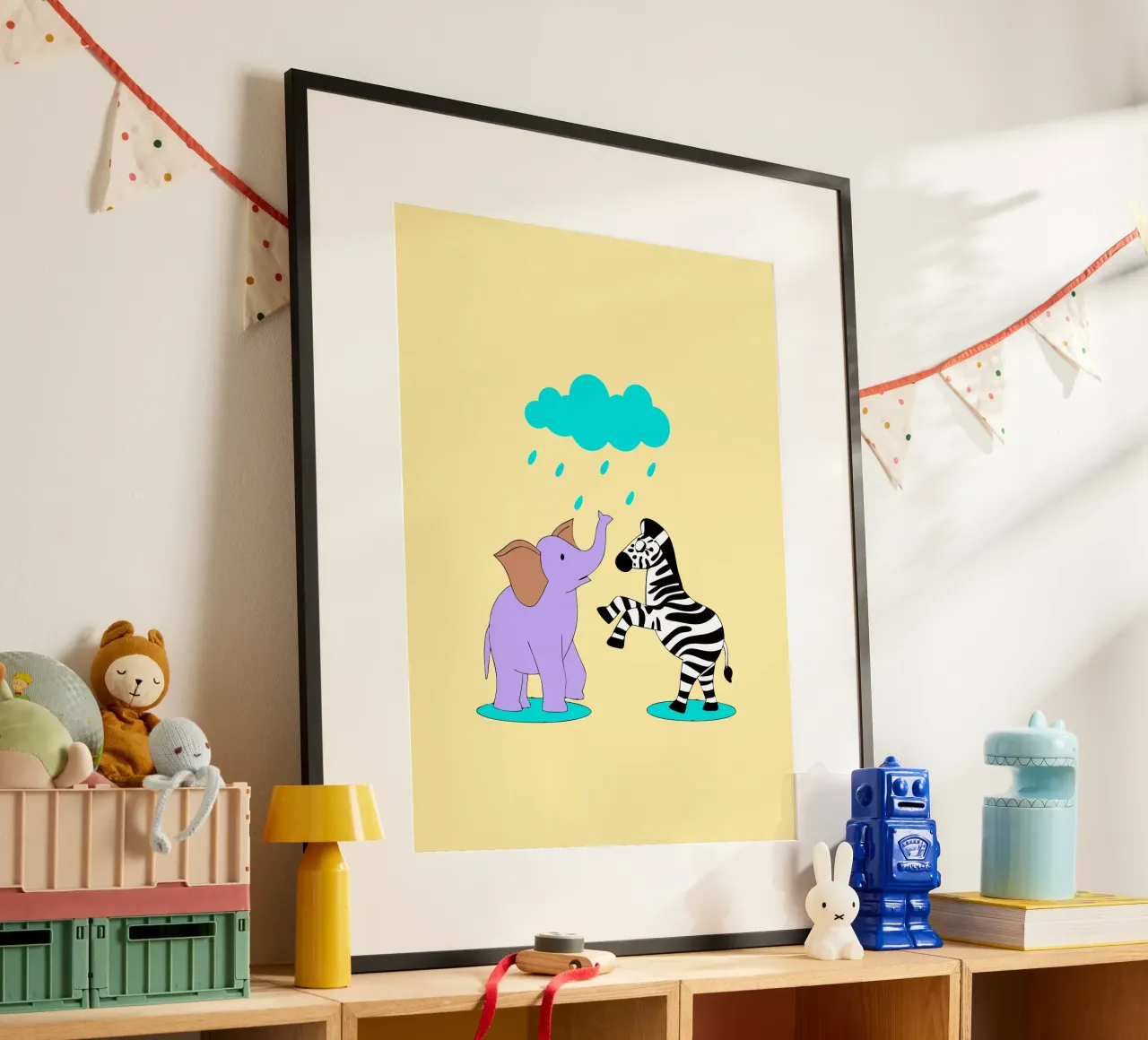 Elefanti e zebre poster con telaio in legno da OUR SHOP