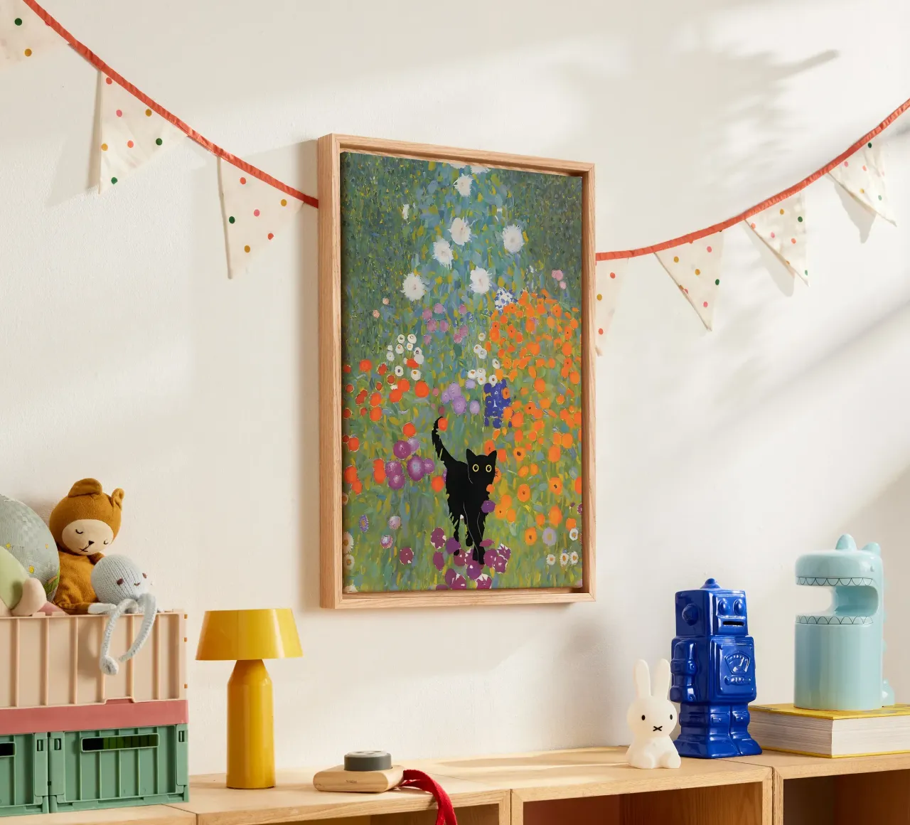 Black Cat in the Beautiful Garden canvas met Baklijst van Art Company