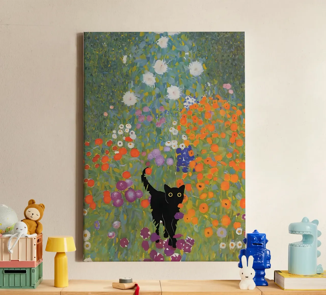 Black Cat in the Beautiful Garden canvas met Baklijst van Art Company