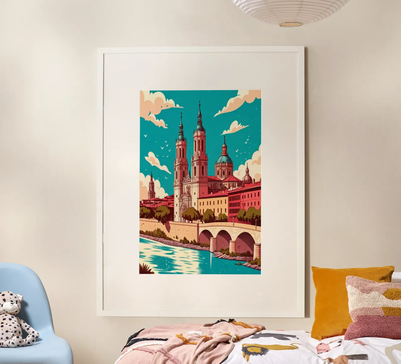 disegno della città di Saragozza per gli amanti dei viaggi poster con telaio in legno da sichanhan