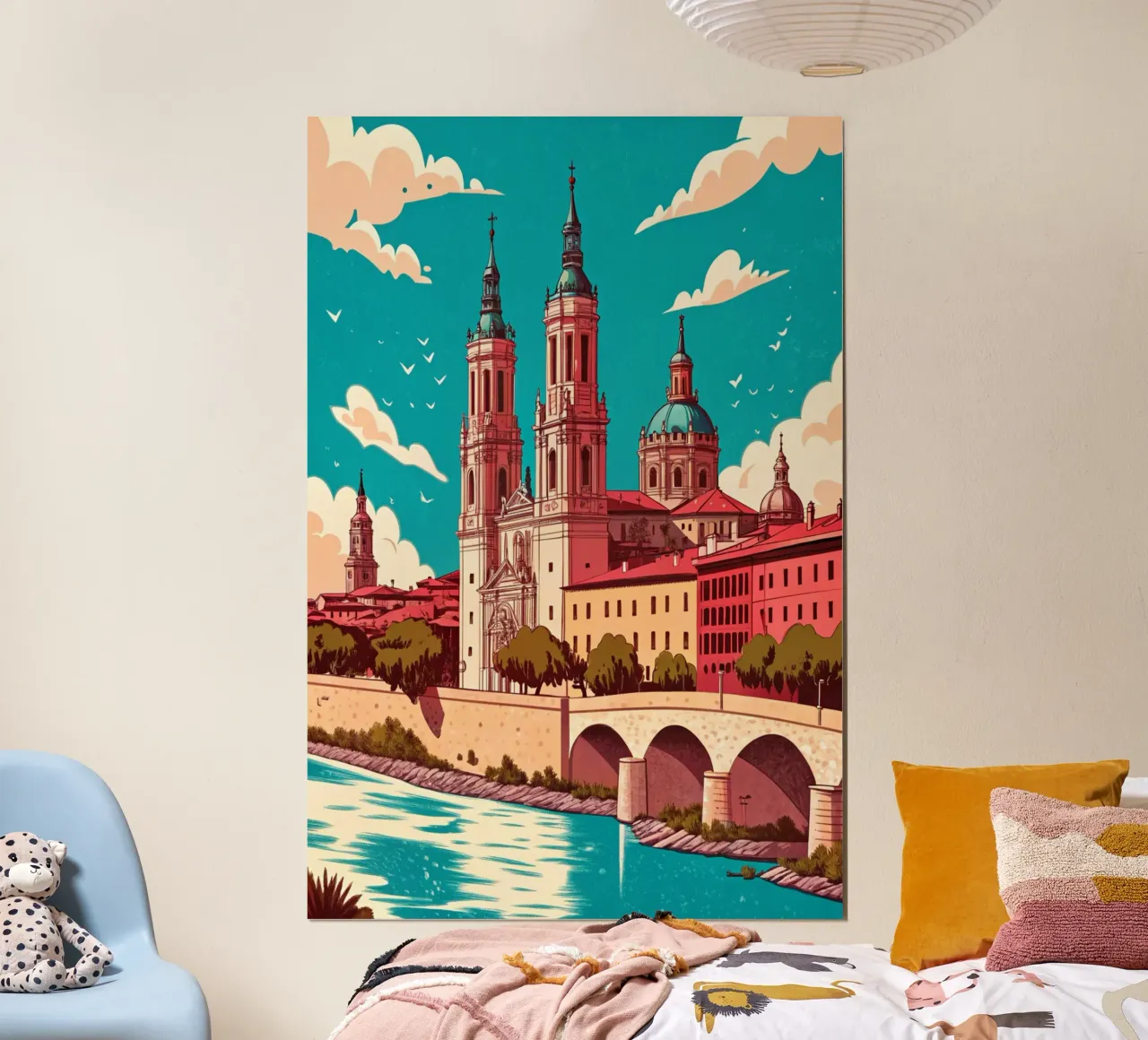 disegno della città di Saragozza per gli amanti dei viaggi poster con telaio in legno da sichanhan