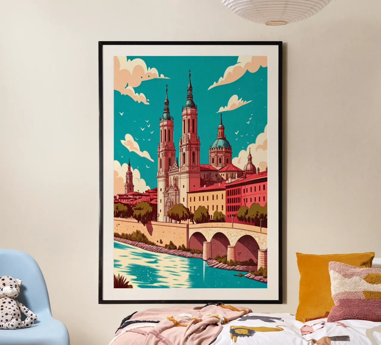 disegno della città di Saragozza per gli amanti dei viaggi poster con telaio in legno da sichanhan