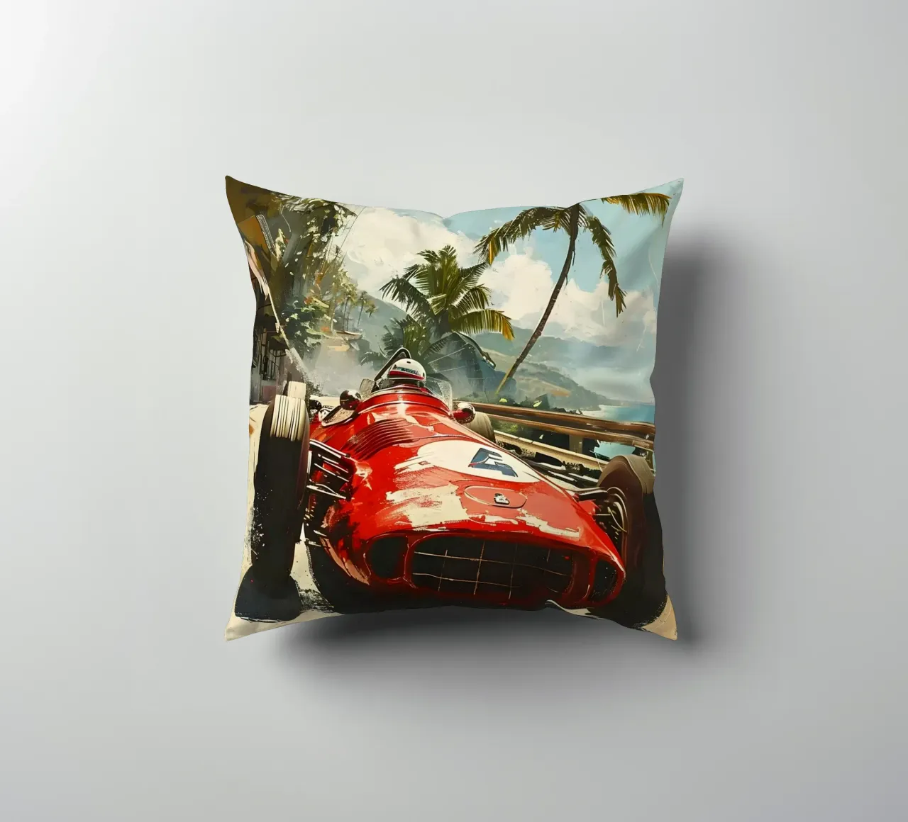 Klassischer Rennwagen in der Karibik cuscino da Vintage Travel Art