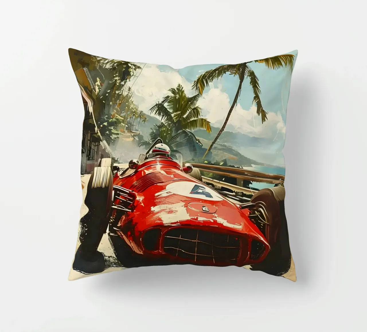 Klassischer Rennwagen in der Karibik cuscino da Vintage Travel Art