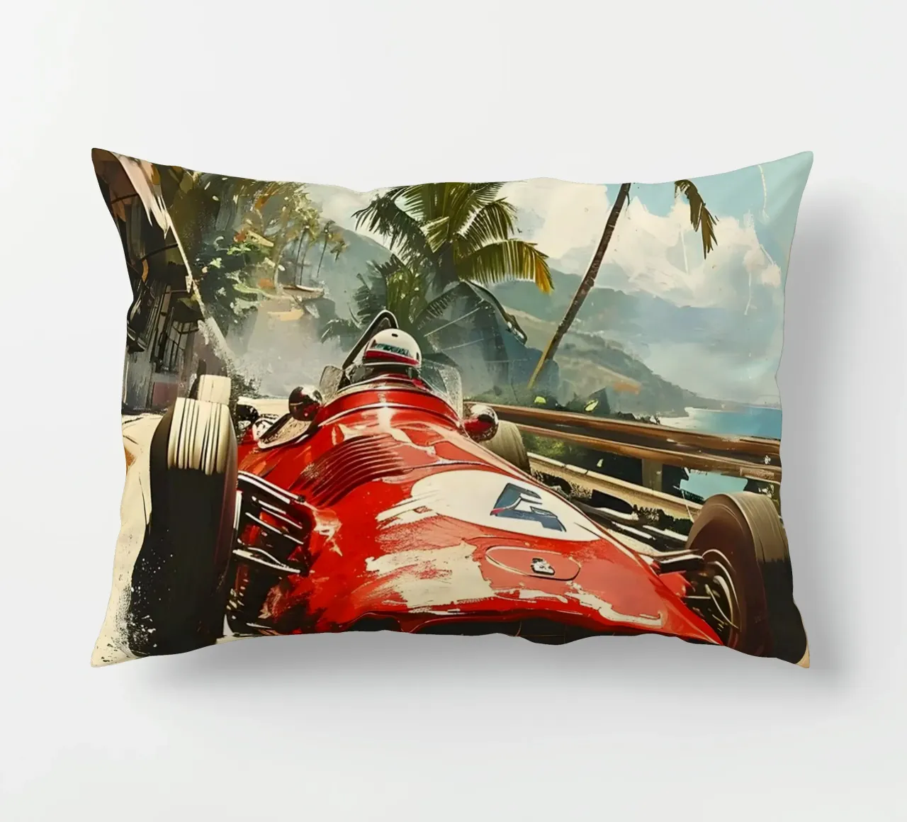 Klassischer Rennwagen in der Karibik cuscino da Vintage Travel Art
