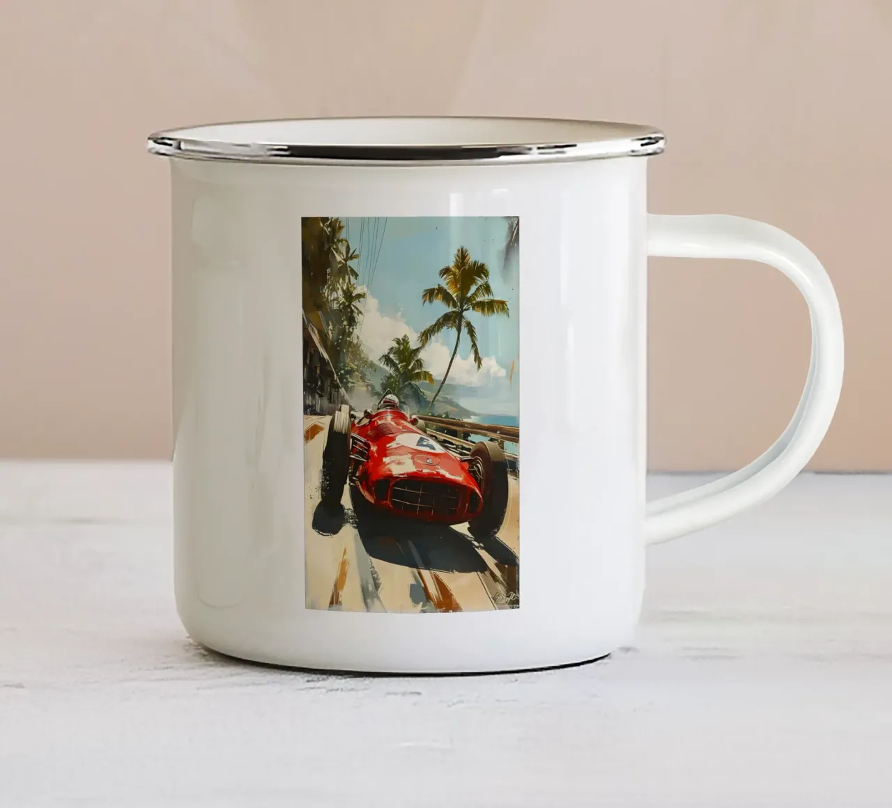 Klassischer Rennwagen in der Karibik tazza in smalto da Vintage Travel Art