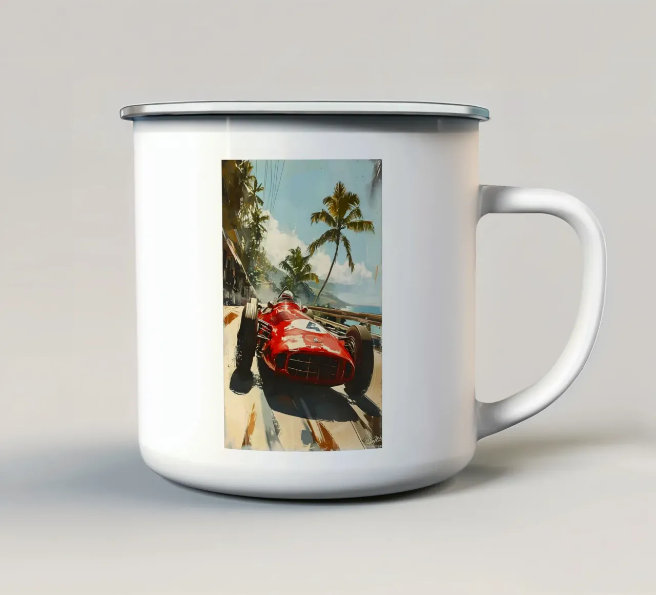 Klassischer Rennwagen in der Karibik tazza in smalto da Vintage Travel Art