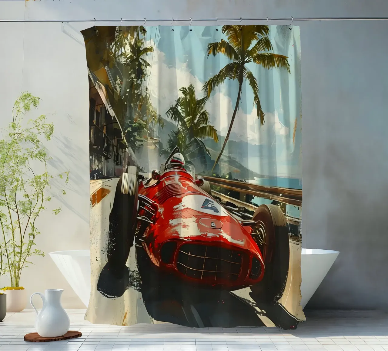 Klassischer Rennwagen in der Karibik Duschvorhang von Vintage Travel Art