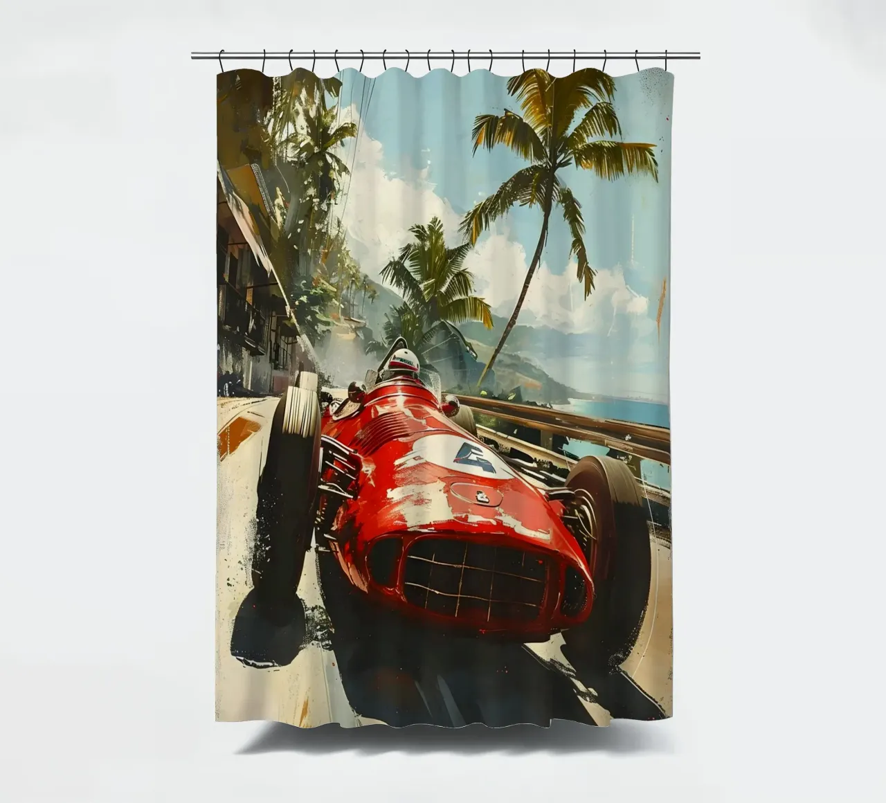 Klassischer Rennwagen in der Karibik Duschvorhang von Vintage Travel Art
