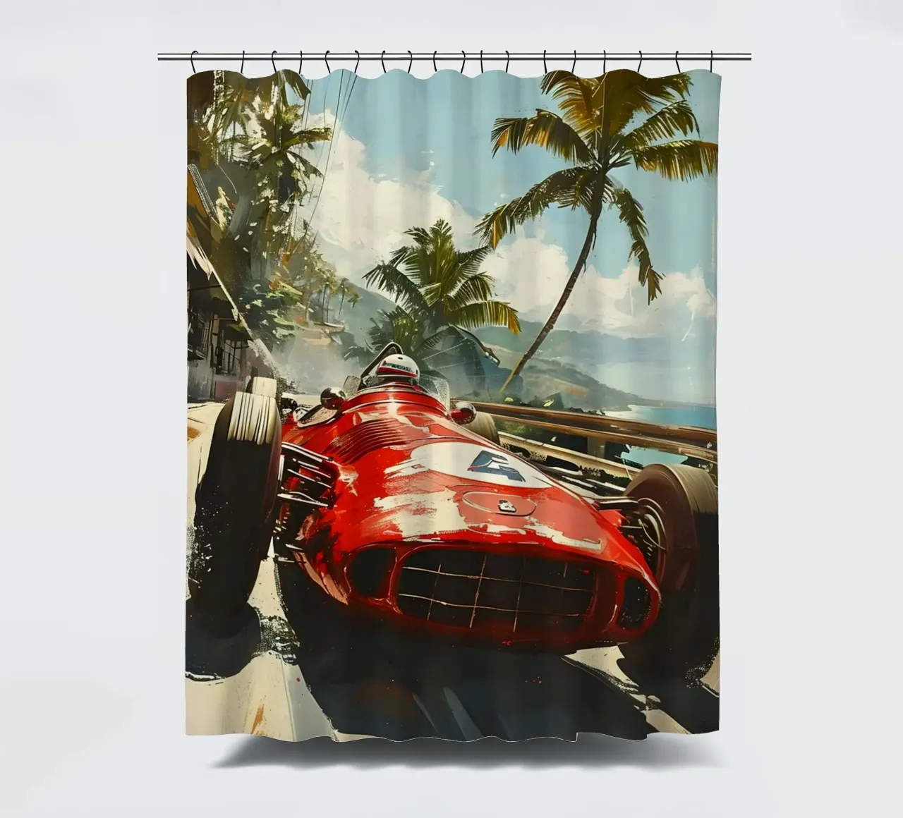 Klassischer Rennwagen in der Karibik Duschvorhang von Vintage Travel Art