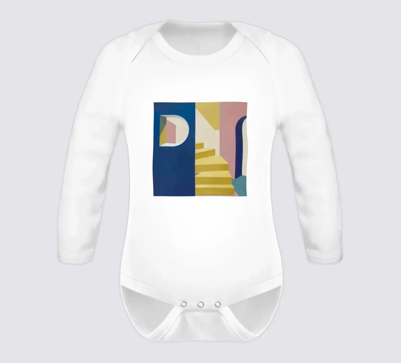 Yellow Stairs Blue Wall long-sleeve baby romper by Jasper Rune