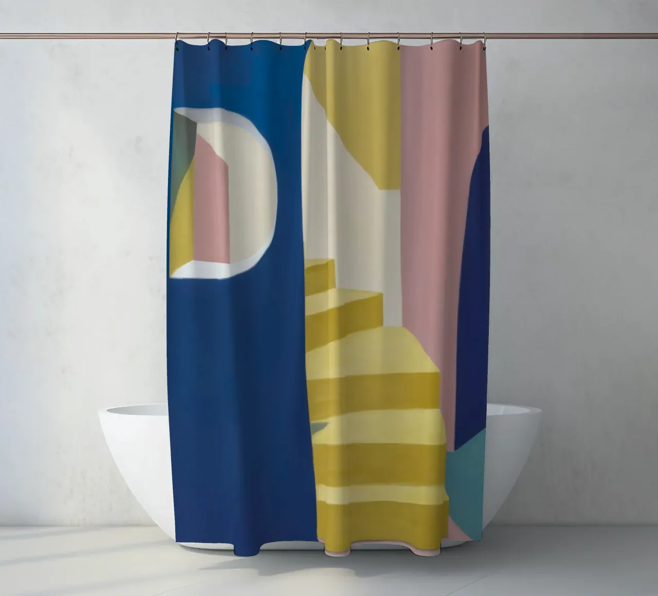 Yellow Stairs Blue Wall shower curtain by Jasper Rune