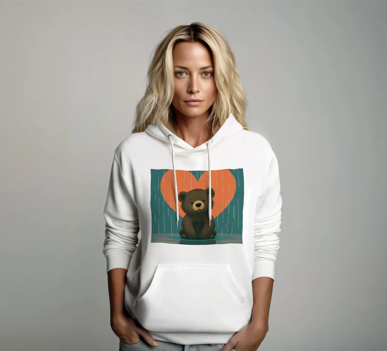 Simpatico orso seduto sotto la pioggia sotto un grande cuore a forma di felpa con cappuccio da DesignDoodle