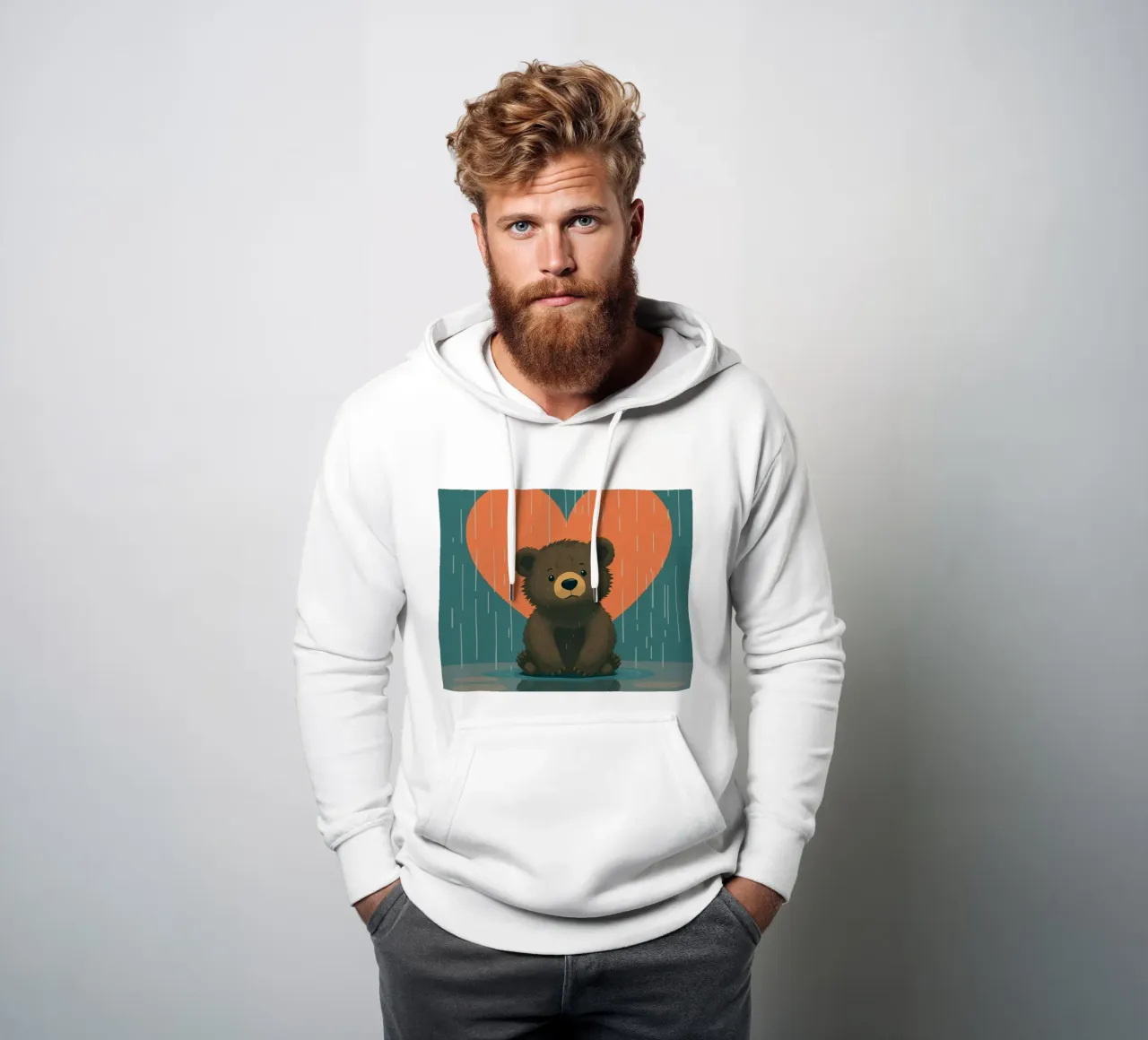Simpatico orso seduto sotto la pioggia sotto un grande cuore a forma di felpa con cappuccio da DesignDoodle