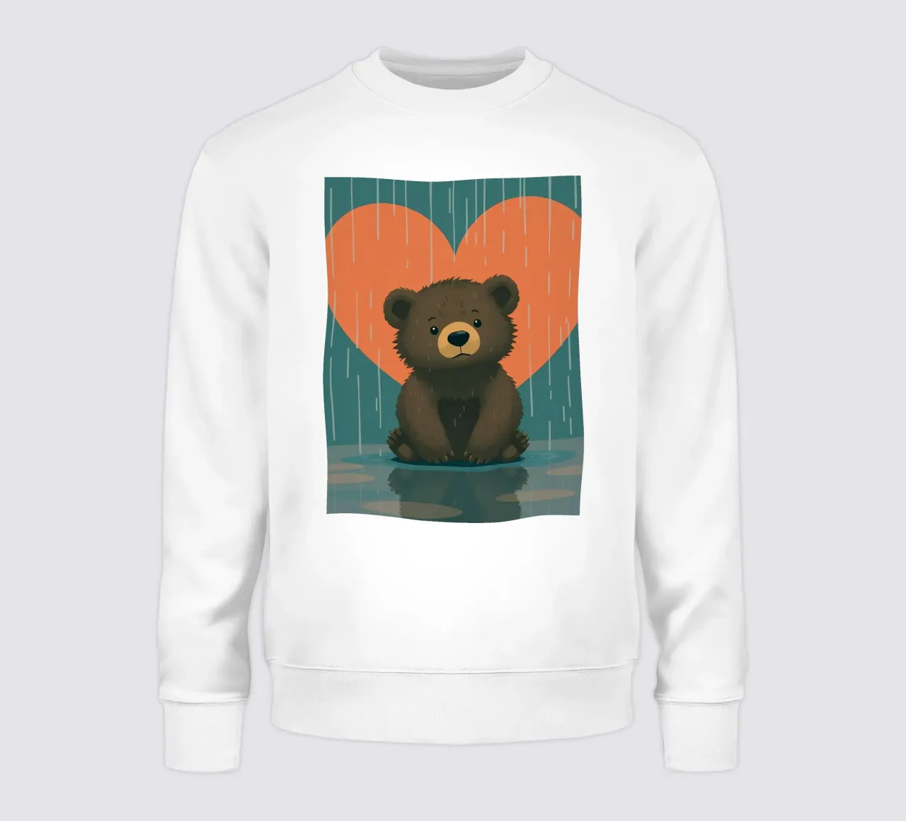 Simpatico orso seduto sotto la pioggia sotto un grande cuore a forma di felpa da DesignDoodle