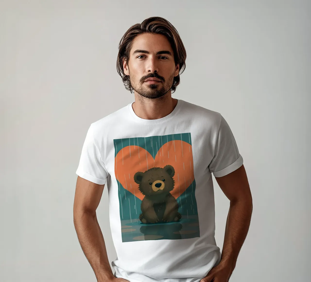 Simpatico orso seduto sotto la pioggia sotto un grande cuore a forma di t-shirt da DesignDoodle