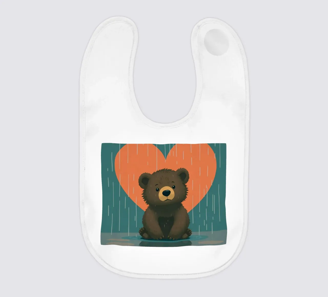 Simpatico orso seduto sotto la pioggia sotto un grande cuore a forma di bavaglino da DesignDoodle