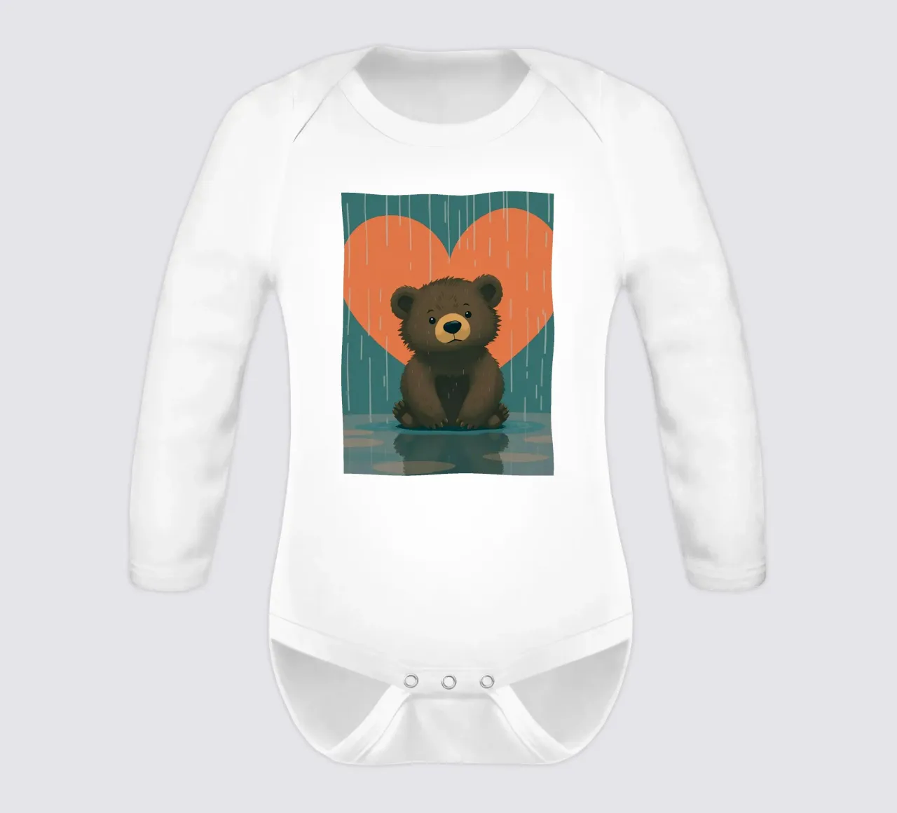 Cute bear sitting in rain under a large heart shaped long-sleeve baby romper by DesignDoodle