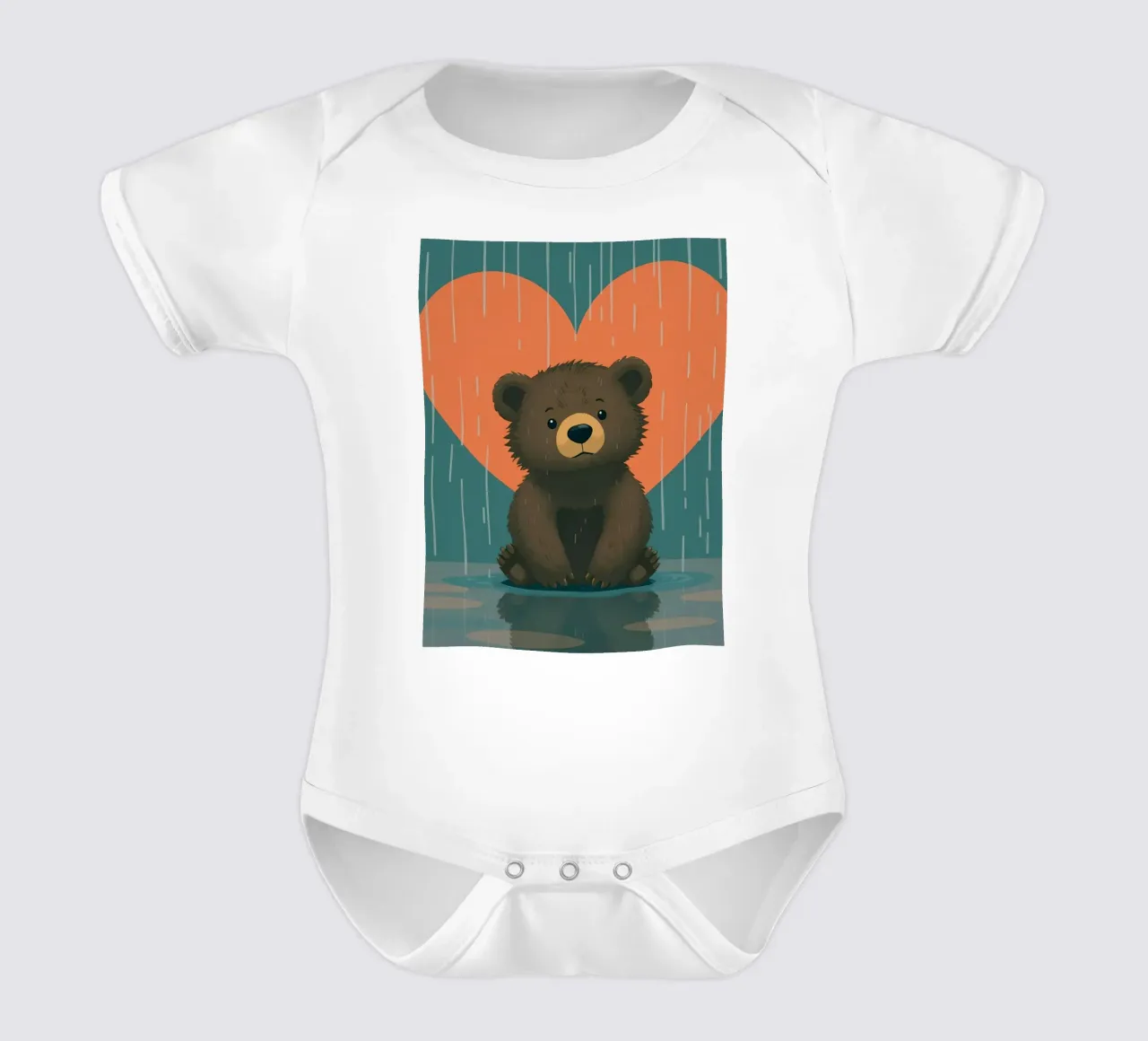 Cute bear sitting in rain under a large heart shaped short-sleeve baby romper by DesignDoodle