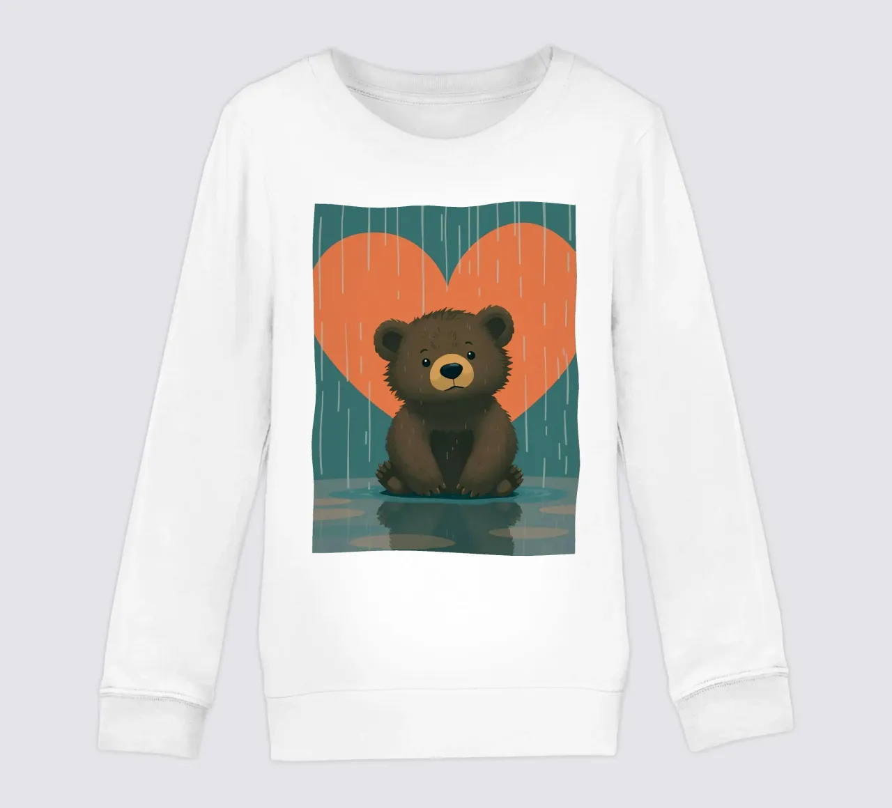 Cute bear sitting in rain under a large heart shaped kids sweatshirt by DesignDoodle