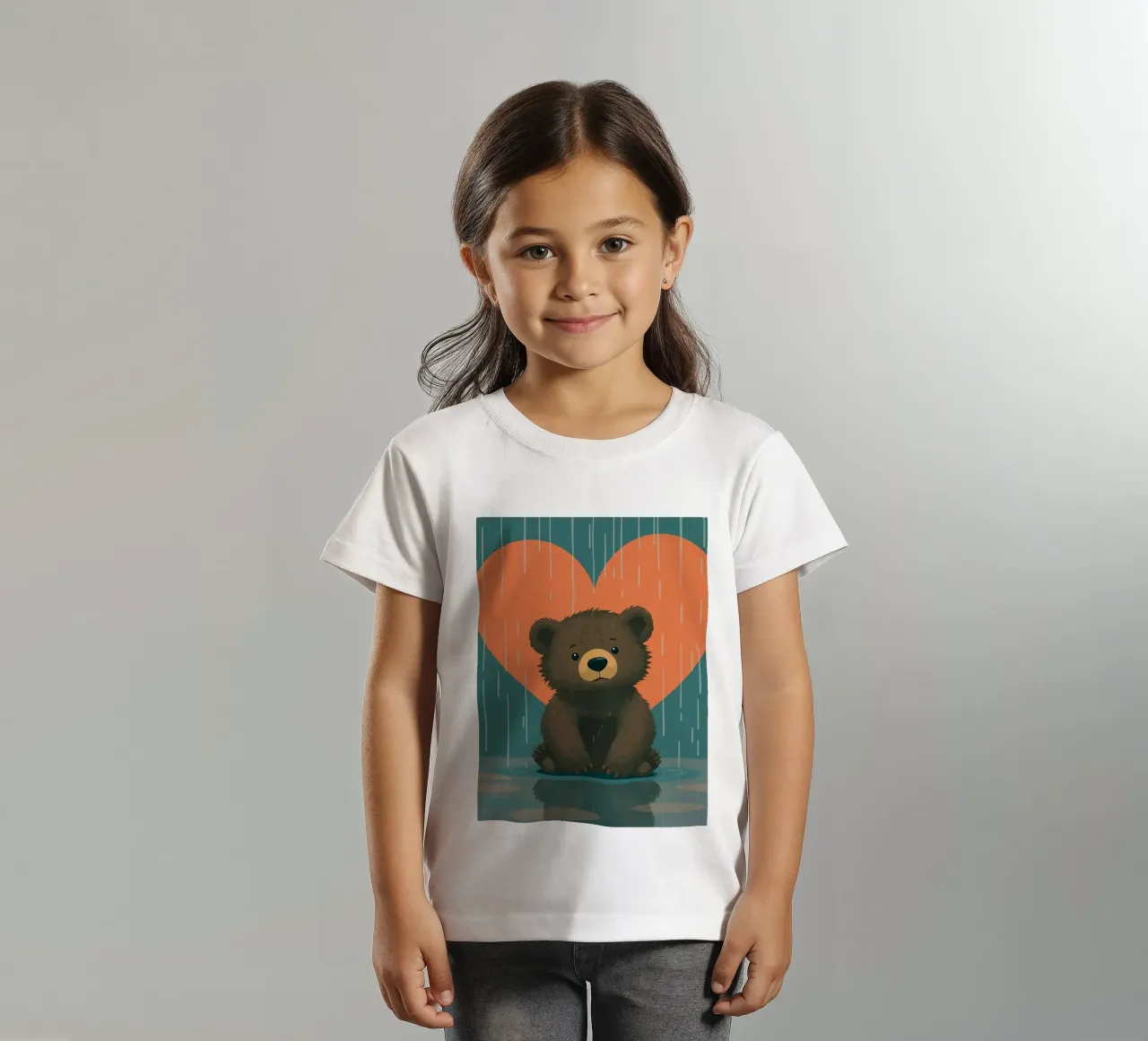 Cute bear sitting in rain under a large heart shaped kids t-shirt by DesignDoodle