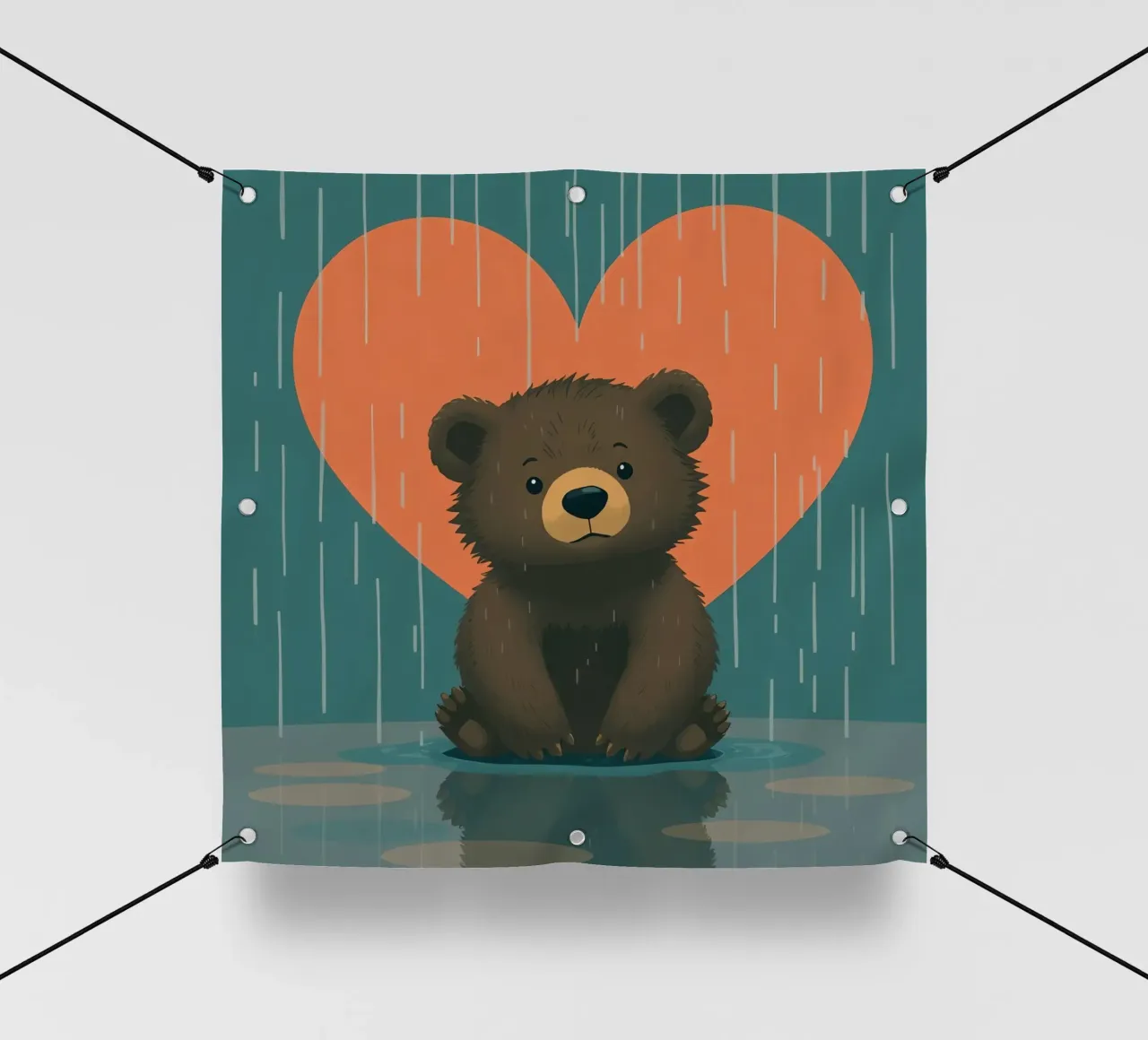 Simpatico orso seduto sotto la pioggia sotto un grande cuore a forma di telo in pvc da DesignDoodle